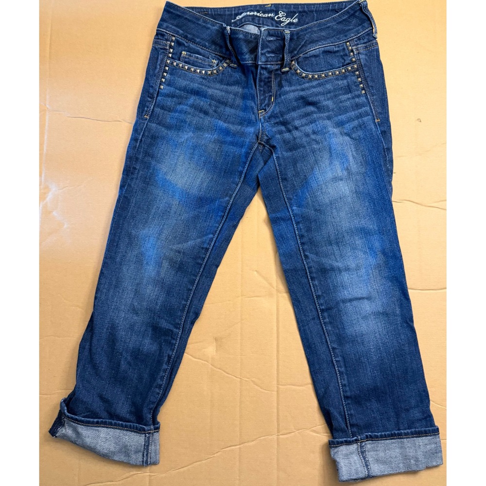 American Eagle Artist Crop Jeans Womens 2 Dark Wash Studded Stretch Denim Blue